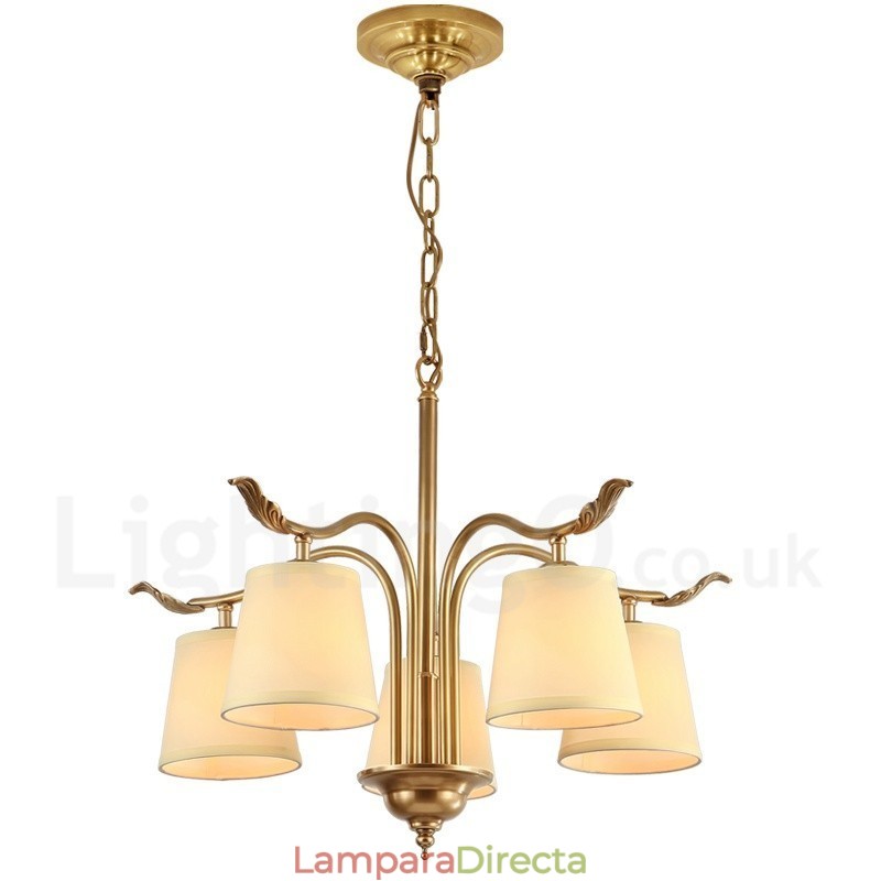 Lámpara colgante de latón rústico retro de 5 luces con pantalla de tela
