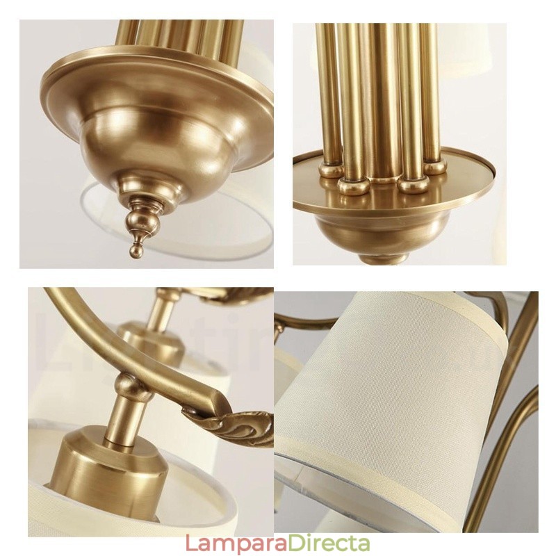 Lámpara colgante de latón rústico retro de 5 luces con pantalla de tela