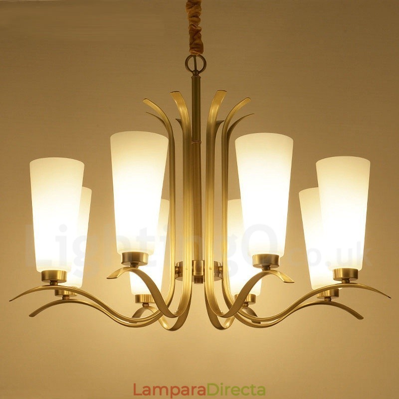 Lámpara colgante de latón rústico retro de 8 luces con pantalla de cristal