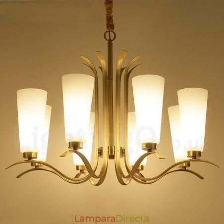 Lámpara colgante de latón rústico retro de 8 luces con pantalla de cristal Lámpara colgante de latón rústico retro de 8 luces con pantalla de cristal