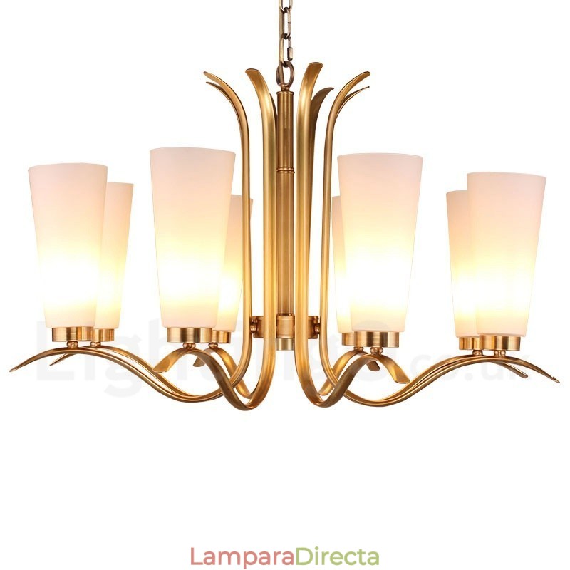 Lámpara colgante de latón rústico retro de 8 luces con pantalla de cristal