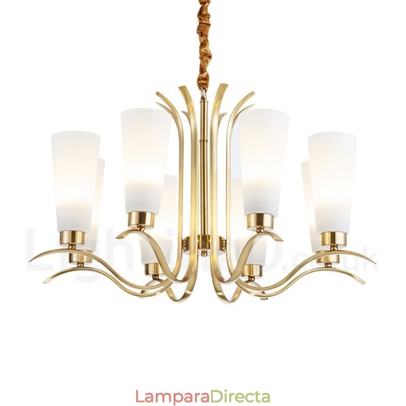 Lámpara colgante de latón rústico retro de 8 luces con pantalla de cristal