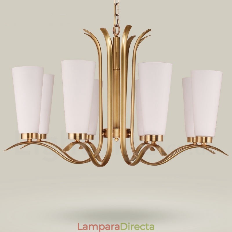 Lámpara colgante de latón rústico retro de 8 luces con pantalla de cristal