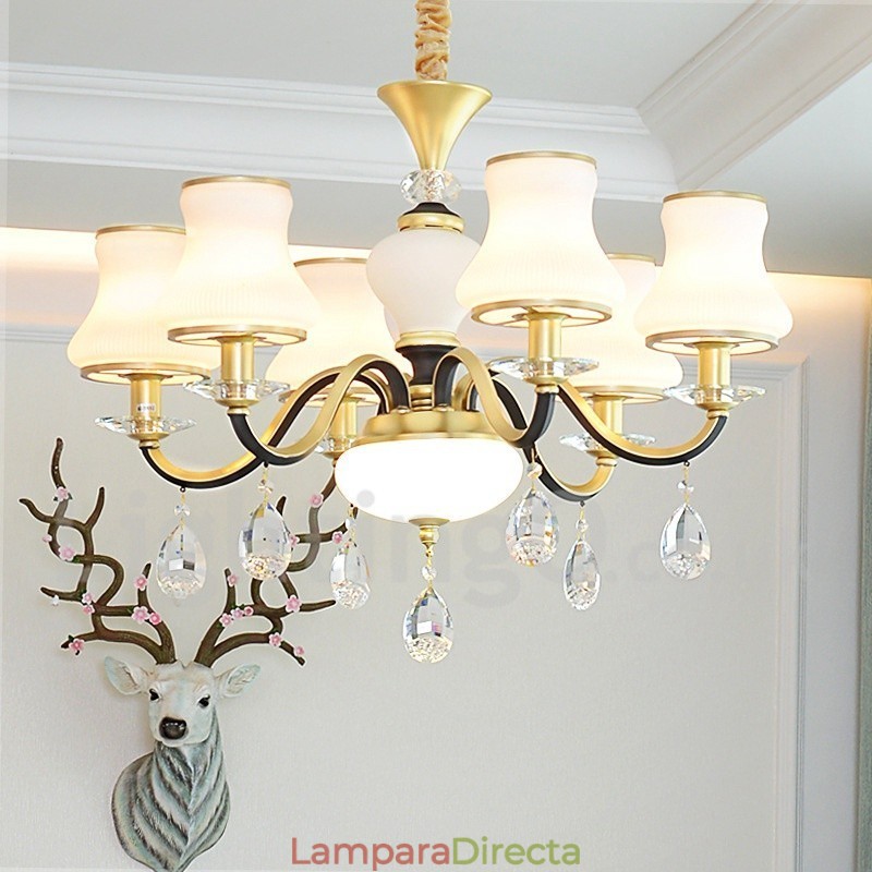 Lámpara colgante de cristal rústica retro de lujo de 6 luces con pantalla de cristal