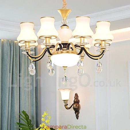 Lámpara colgante de cristal rústica retro de lujo de 8 luces con pantalla de cristal
