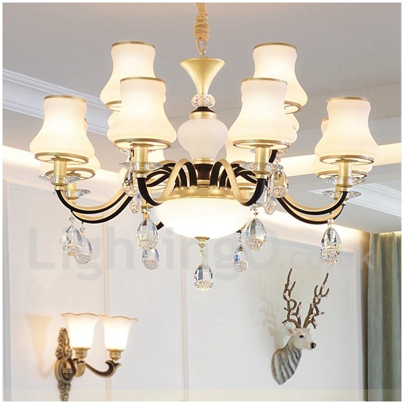 Lámpara colgante de cristal rústica retro de lujo de 12 luces con pantalla de cristal