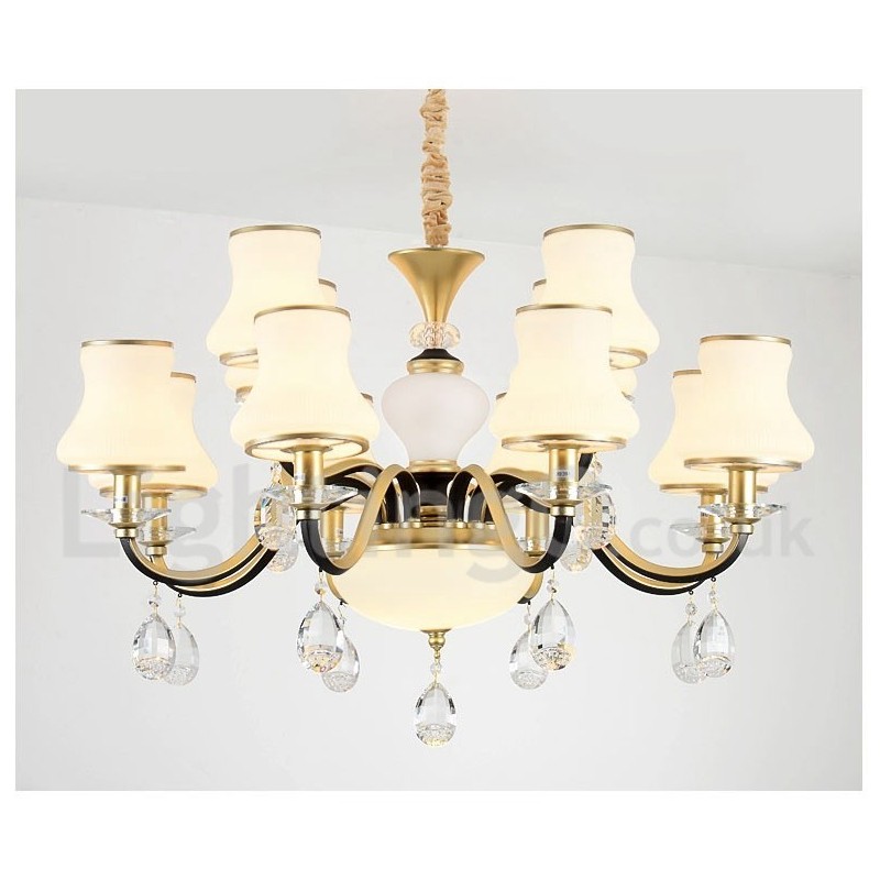 Lámpara colgante de cristal rústica retro de lujo de 12 luces con pantalla de cristal