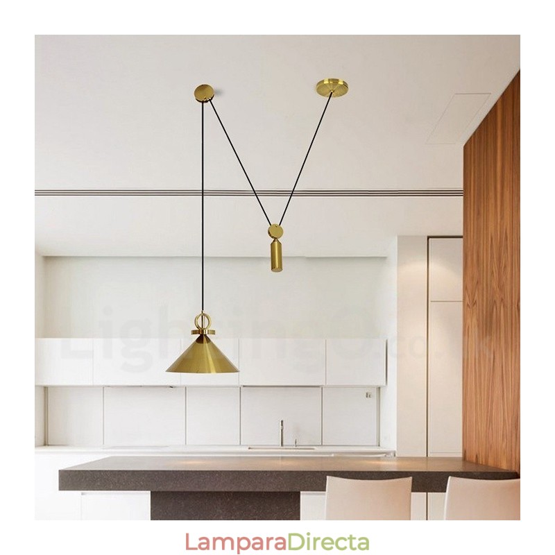 Lámpara colgante de techo de latón con diseño nórdico contemporáneo moderno de cobre puro y con subida y bajada.
