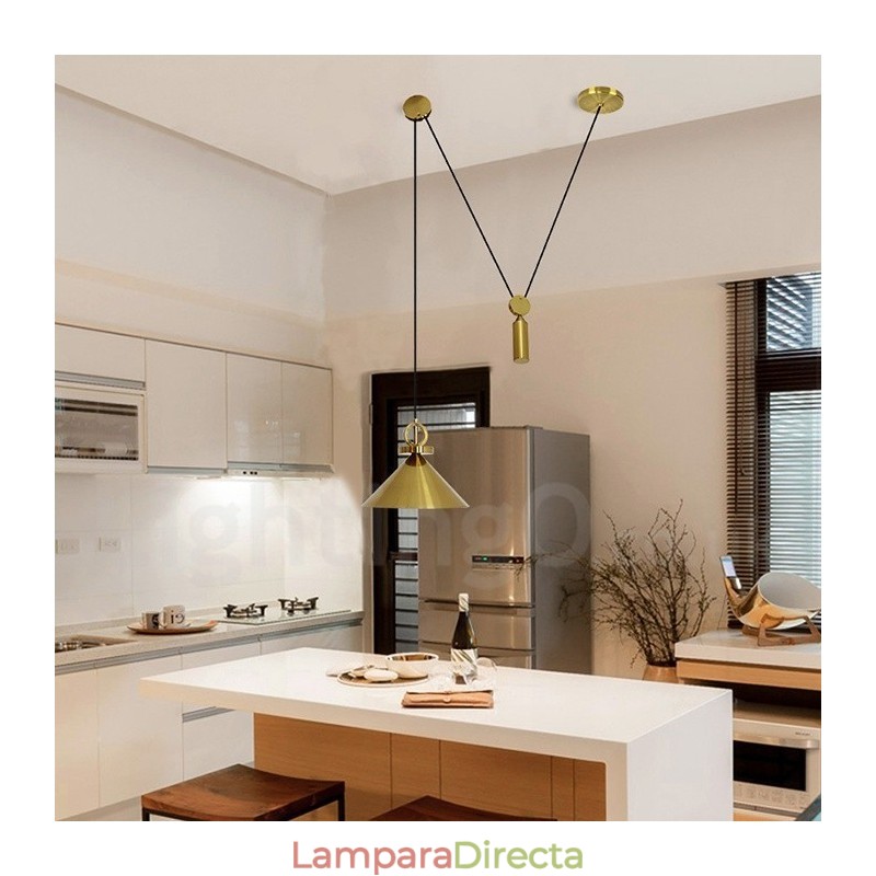 Lámpara colgante de techo de latón con diseño nórdico contemporáneo moderno de cobre puro y con subida y bajada.