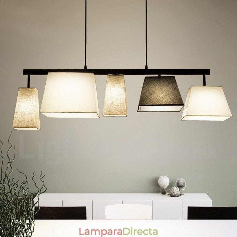 Lámpara colgante moderna contemporánea de acero de 5 luces con pantalla de tela