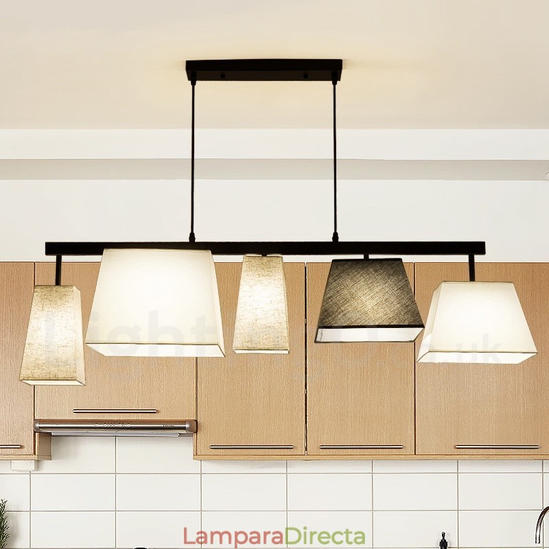 Lámpara colgante moderna contemporánea de acero de 5 luces con pantalla de tela