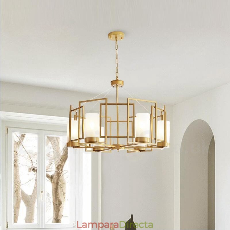 Lámpara colgante moderna contemporánea de latón de 6 luces con pantalla de vidrio