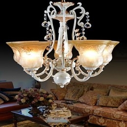 Lámpara de araña blanca de cinco luces con pantalla de cristal dorado a mano, estilo retro clásico europeo.