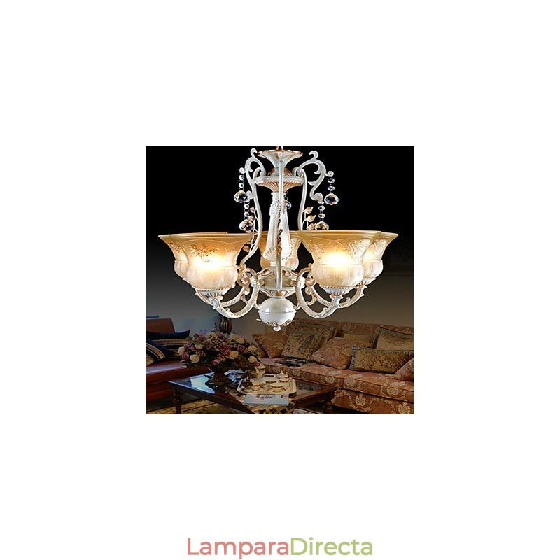 Lámpara de araña blanca de cinco luces con pantalla de cristal dorado a mano, estilo retro clásico europeo.