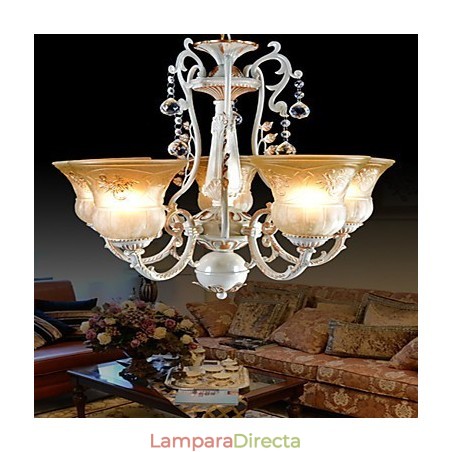 Lámpara de araña blanca de cinco luces con pantalla de cristal dorado a mano, estilo retro clásico europeo. Lámpara de araña blanca de cinco luces con pantalla de cristal dorado a mano, estilo retro clásico europeo.