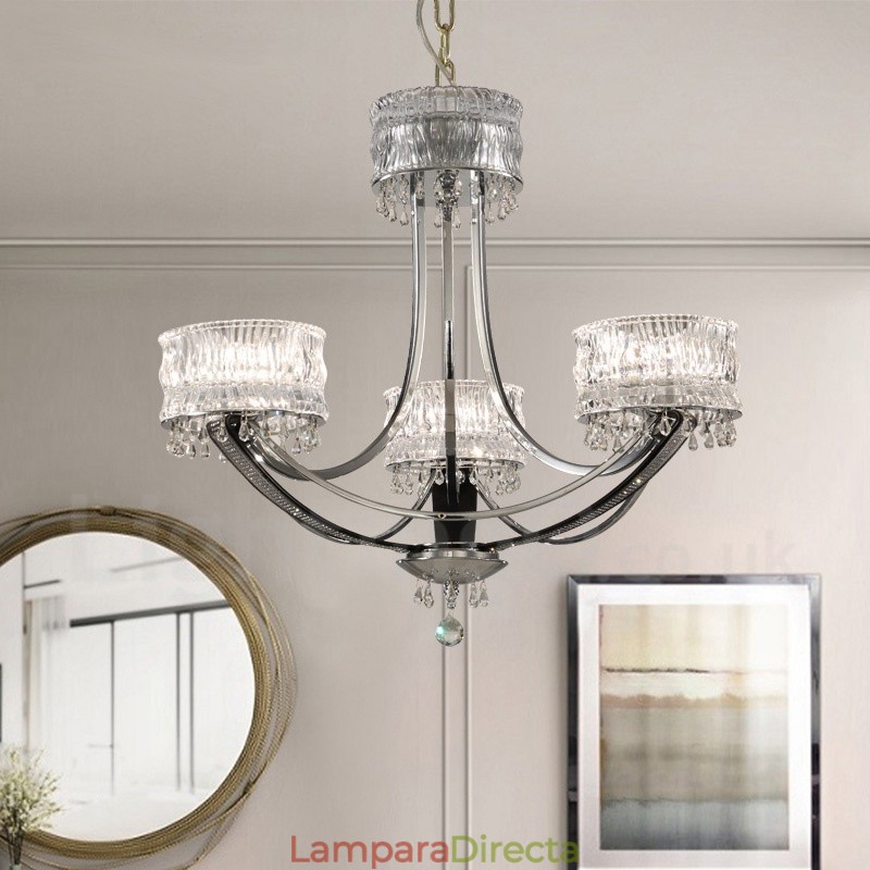 Lámpara de araña moderna contemporánea de acero de 3 luces con pantalla de cristal