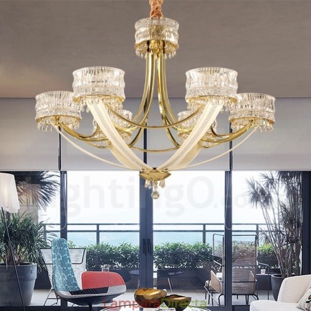 Lámpara de araña moderna contemporánea de acero de 6 luces con pantalla de cristal Lámpara de araña moderna contemporánea de acero de 6 luces con pantalla de cristal