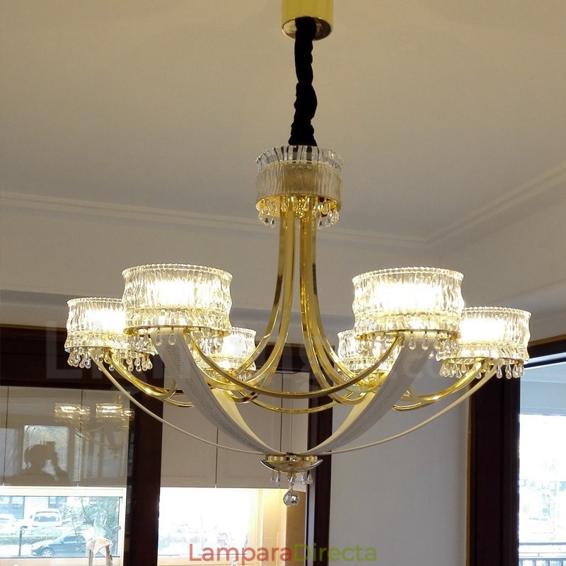Lámpara de araña moderna contemporánea de acero de 6 luces con pantalla de cristal