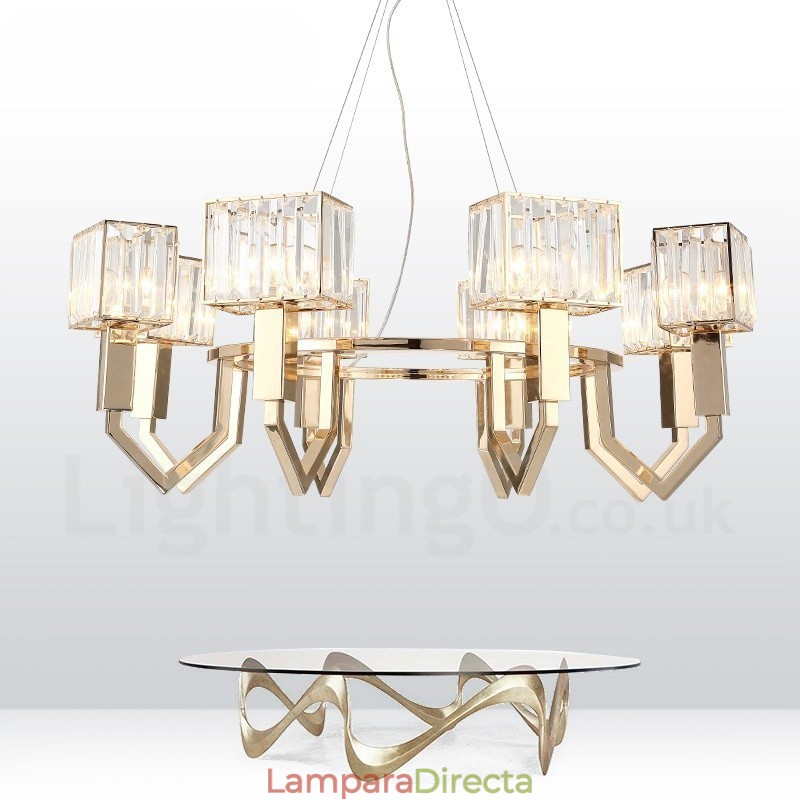 Lámpara colgante moderna contemporánea de acero de 8 luces con pantalla de cristal