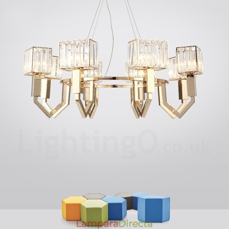 Lámpara colgante moderna contemporánea de acero de 8 luces con pantalla de cristal