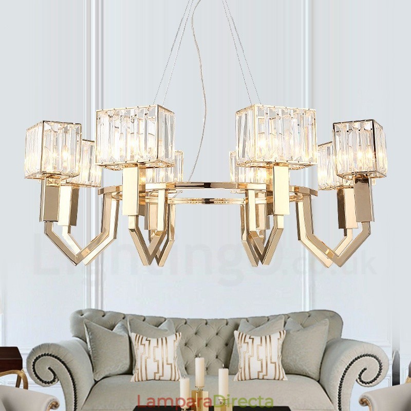 Lámpara colgante moderna contemporánea de acero de 8 luces con pantalla de cristal