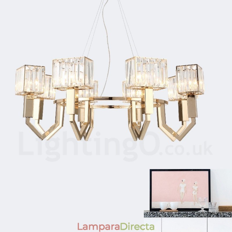 Lámpara colgante moderna contemporánea de acero de 8 luces con pantalla de cristal