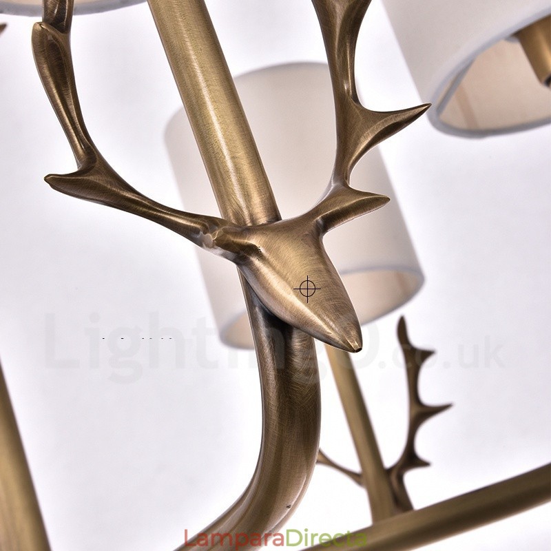Lámpara de araña rústica de latón de 8 luces con pantalla de tela