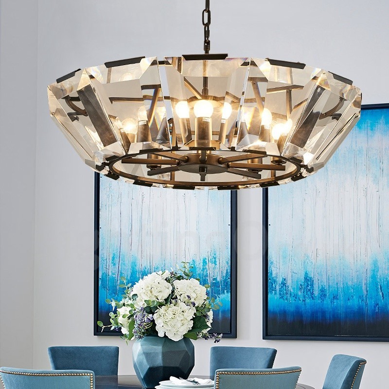 Lámpara colgante moderna contemporánea de acero de 8 luces con pantalla de cristal