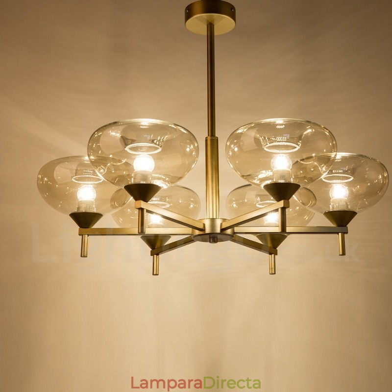 Lámpara de araña moderna contemporánea de aleación de aluminio de 6 luces con pantalla de vidrio