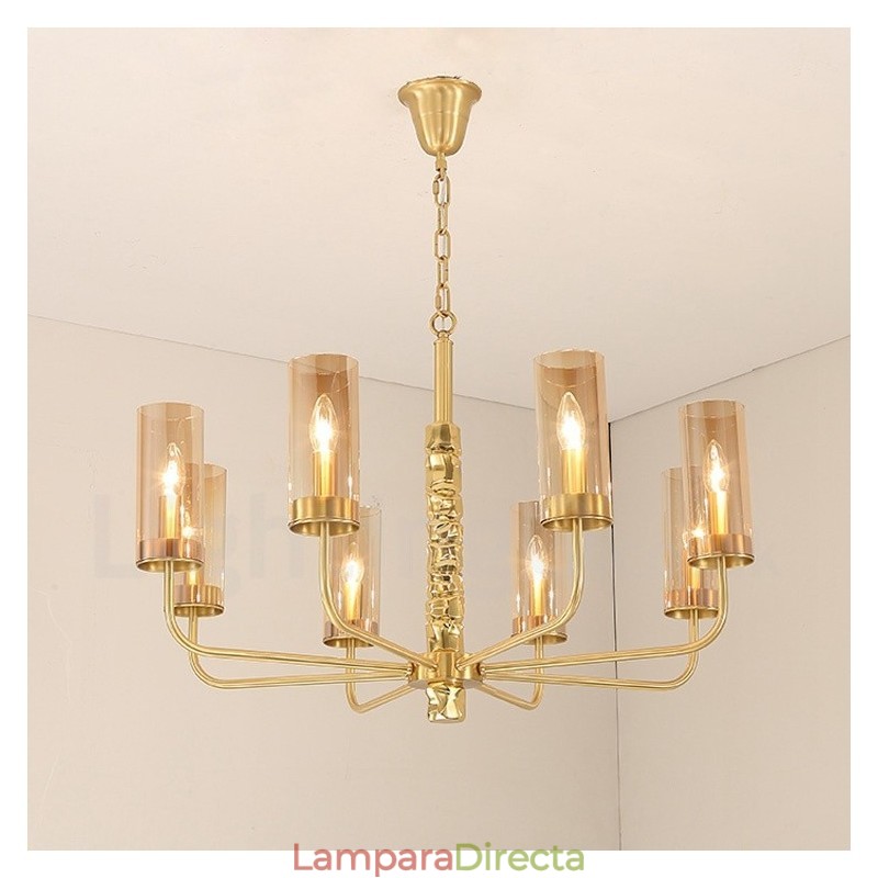 Lámpara de araña moderna contemporánea de latón de 8 luces con pantalla de cristal