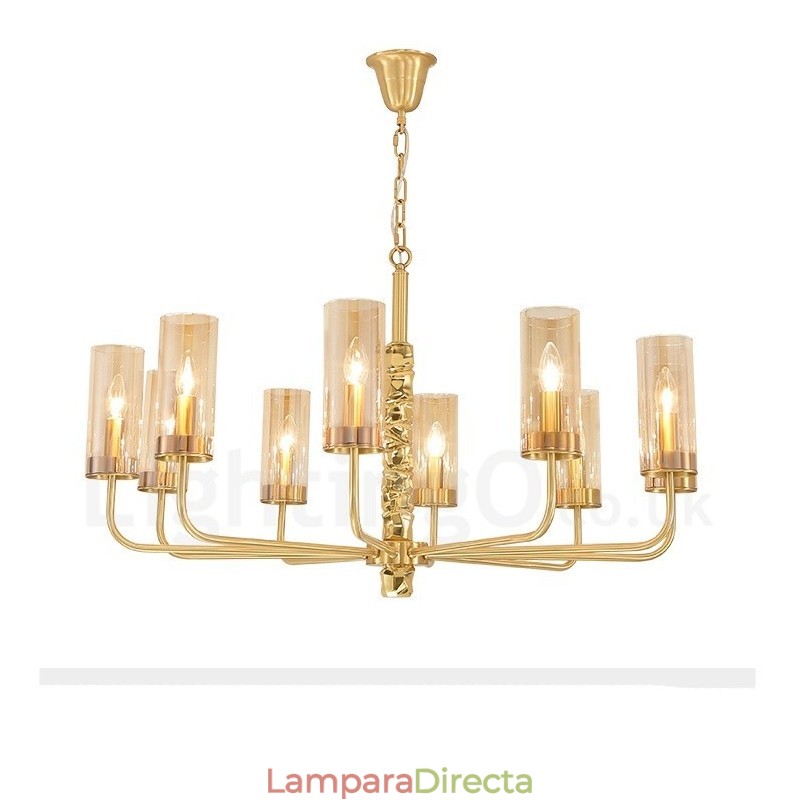 Lámpara de araña moderna contemporánea de latón de 10 luces con pantalla de cristal