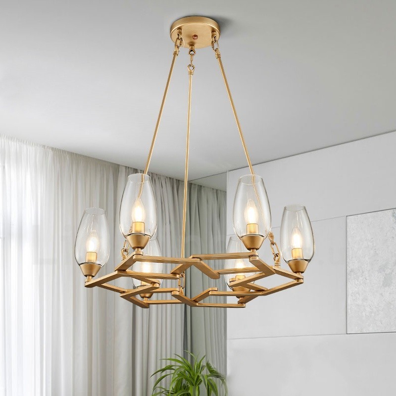 Lámpara colgante moderna contemporánea de acero de 6 luces con pantalla de vidrio