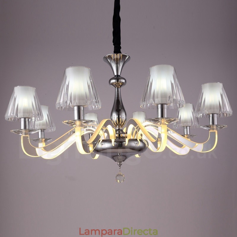 Lámpara de araña moderna y contemporánea de acero regulable de 8 luces con pantalla de cristal