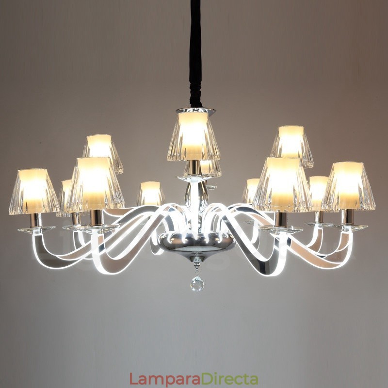 Lámpara de araña moderna y contemporánea de acero regulable de 12 luces con pantalla de cristal