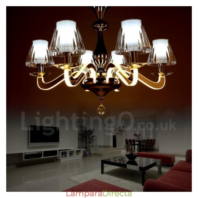Lámpara de araña moderna y contemporánea de acero con 6 luces y pantalla de cristal regulable