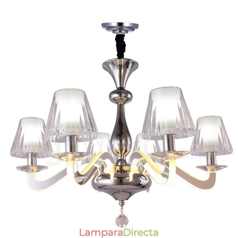Lámpara de araña moderna y contemporánea de acero con 6 luces y pantalla de cristal regulable