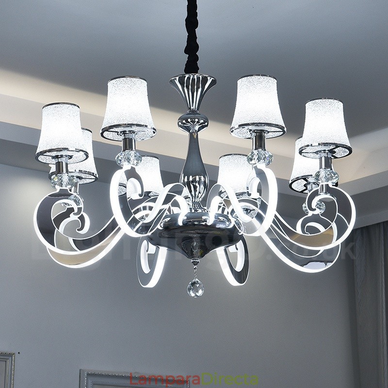 Lámpara de araña moderna y contemporánea de acero regulable de 8 luces con pantalla de cristal