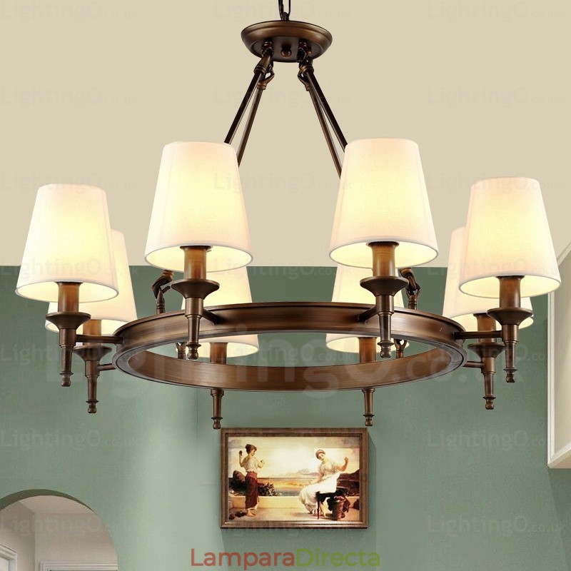 Lámpara colgante rústica nórdica de 8 luces con pantalla de tela
