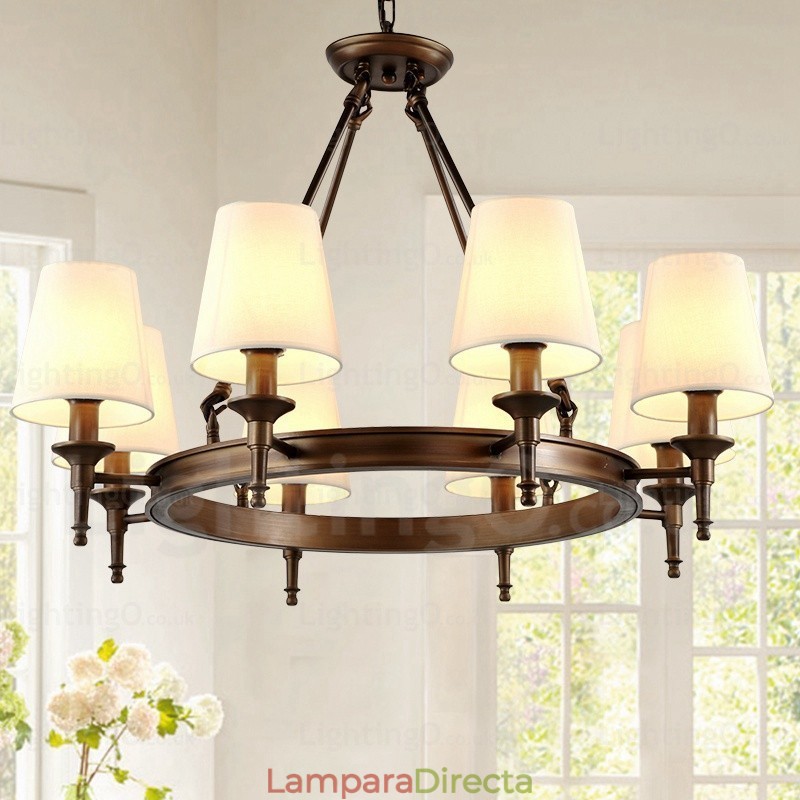Lámpara colgante rústica nórdica de 8 luces con pantalla de tela