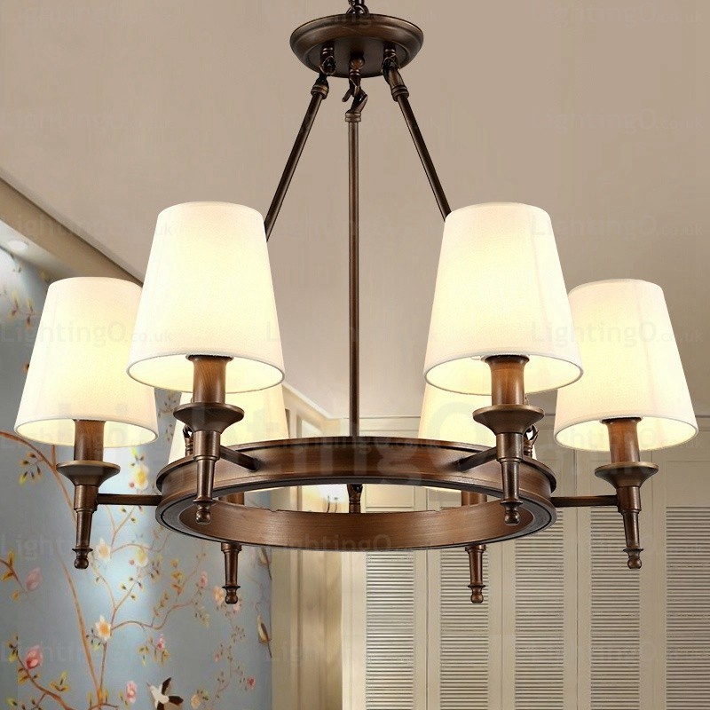 Lámpara colgante rústica nórdica de 6 luces con pantalla de tela