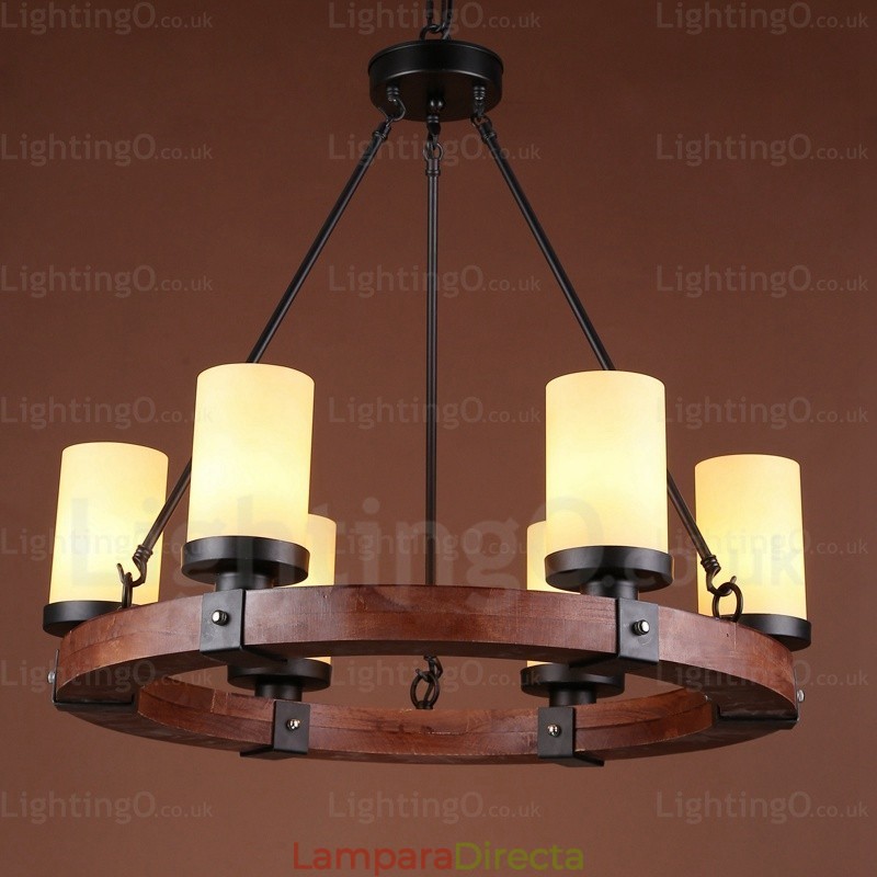 Lámpara colgante rústica de 6 luces con pantalla de cristal