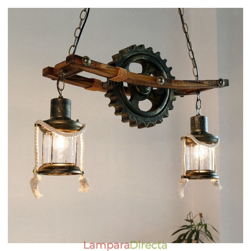 Lámpara colgante rústica vintage retro de 2 luces con pantalla de cristal