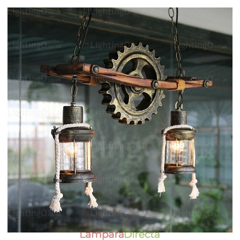 Lámpara colgante rústica vintage retro de 2 luces con pantalla de cristal