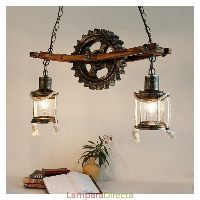 Lámpara colgante rústica vintage retro de 2 luces con pantalla de cristal