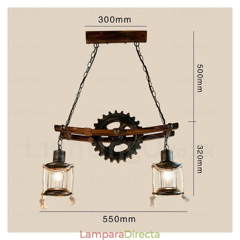 Lámpara colgante rústica vintage retro de 2 luces con pantalla de cristal
