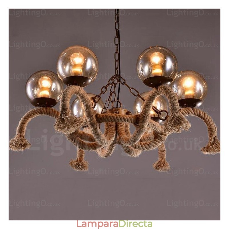 Lámpara colgante retro vintage de 6 luces con pantalla de cristal