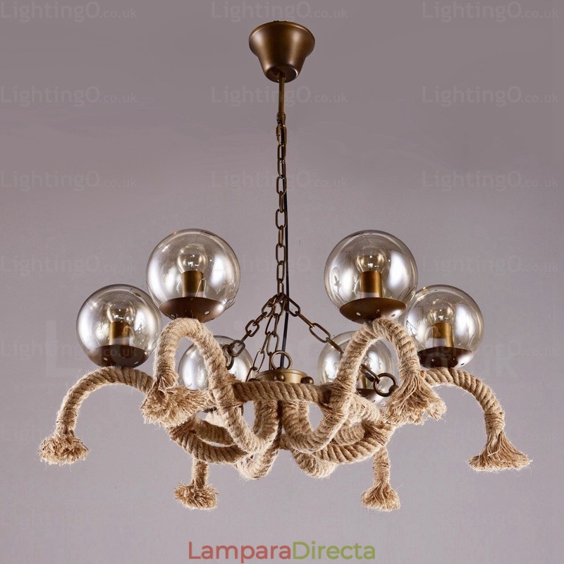 Lámpara colgante retro vintage de 6 luces con pantalla de cristal