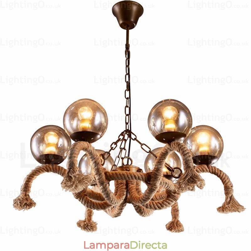Lámpara colgante retro vintage de 6 luces con pantalla de cristal