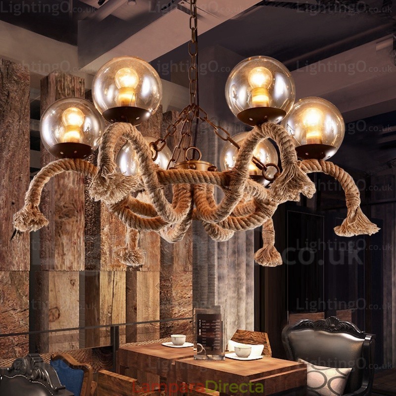 Lámpara colgante retro vintage de 6 luces con pantalla de cristal