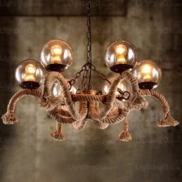 Lámpara colgante retro vintage de 6 luces con pantalla de cristal